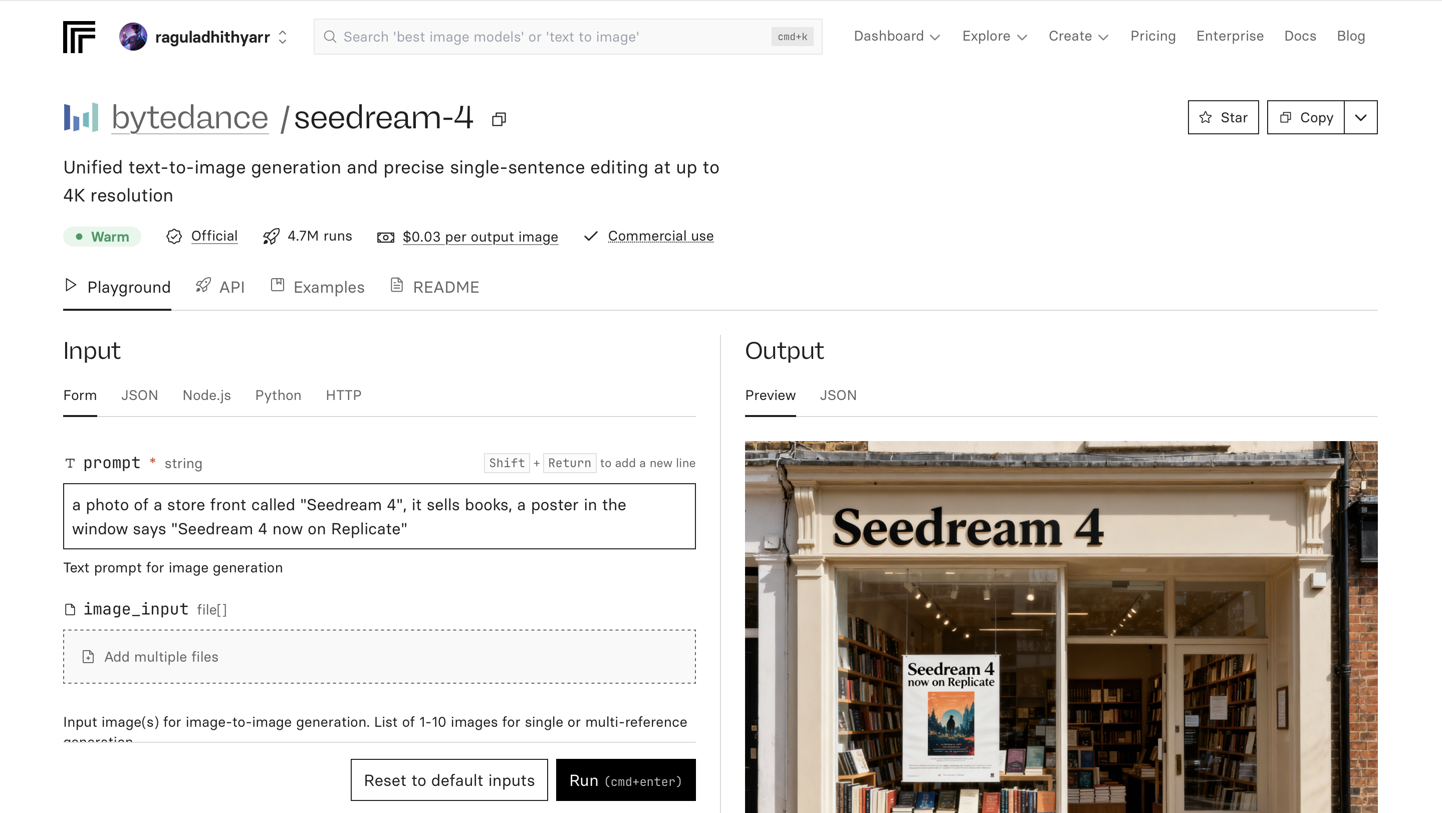 Replicate Seedream-4 input page 1